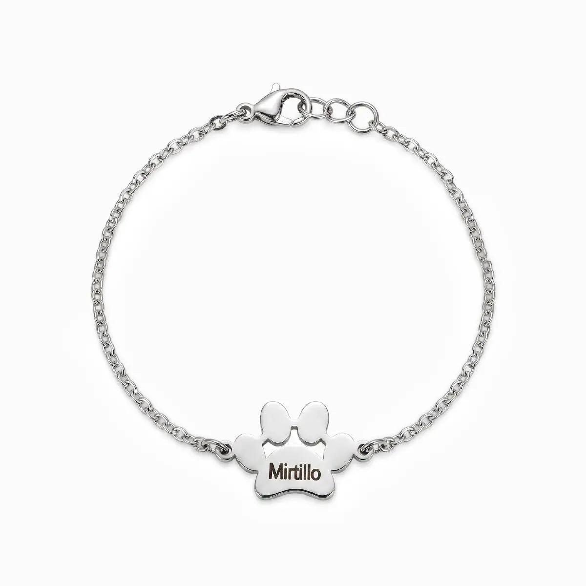 Custom gold paw print bracelet engraved with pet name Kimi on the main paw pad