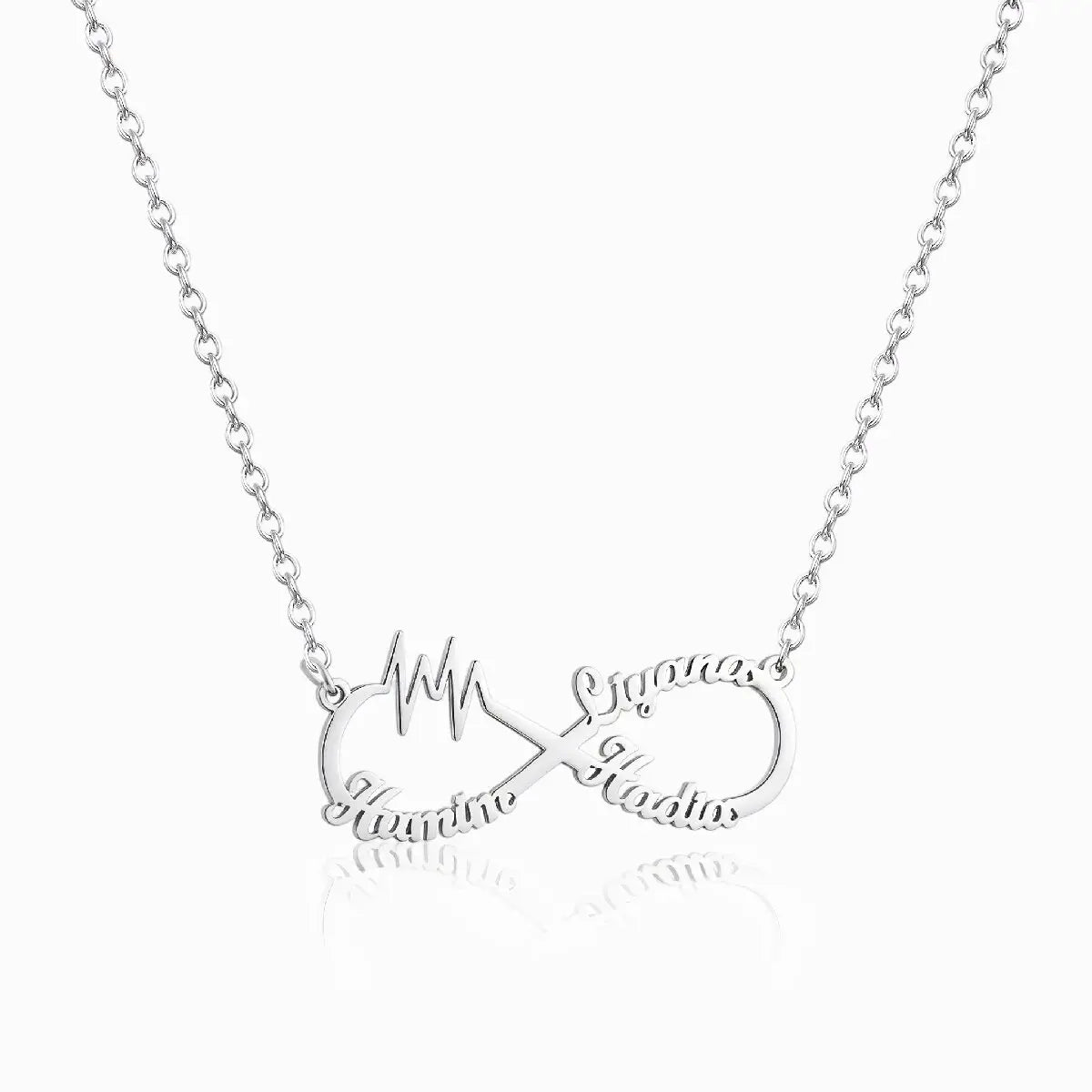 Custom gold infinity name necklace featuring names Star and Custom integrated into an infinity loop with two cutout heart accents