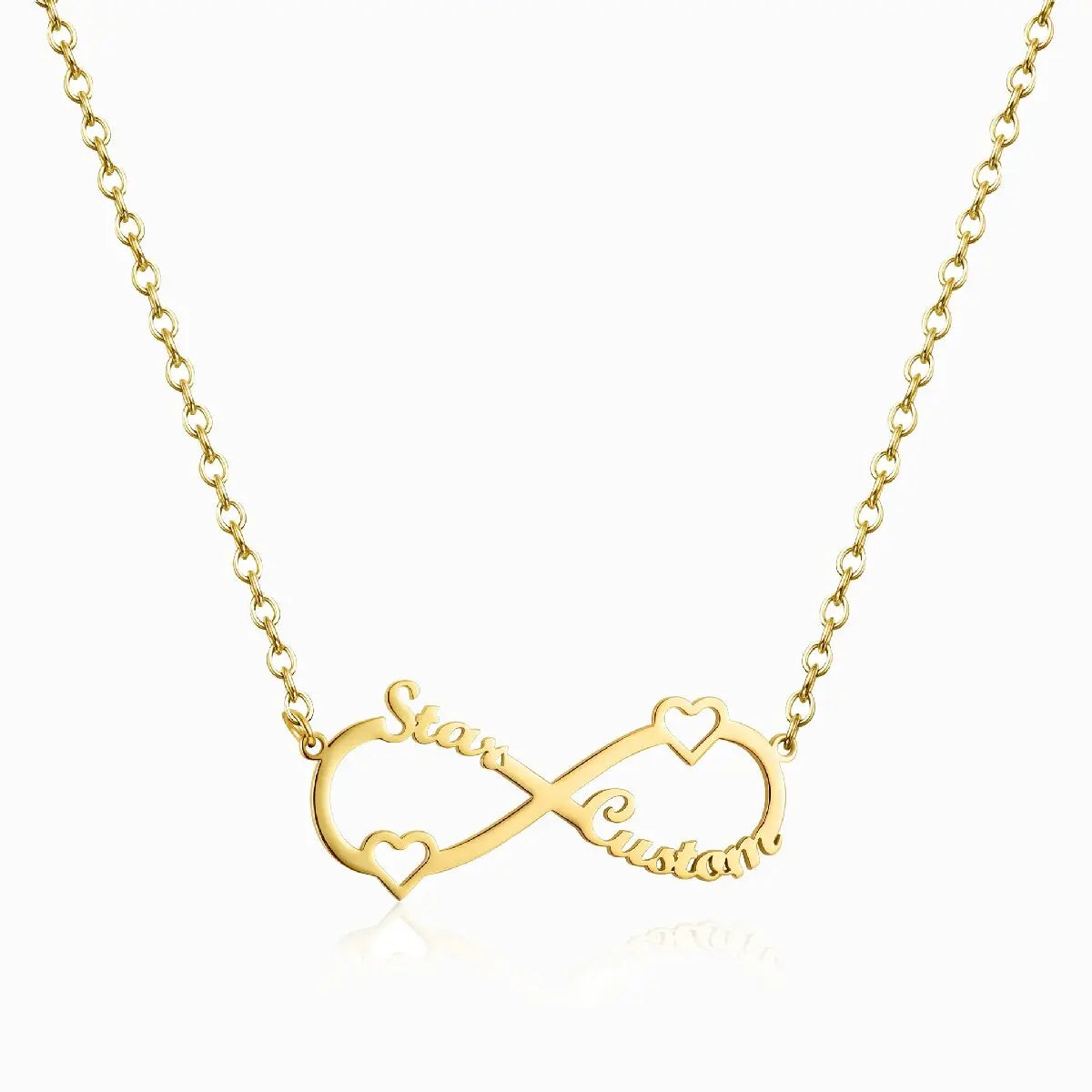 Custom gold infinity name necklace featuring names Star and Custom integrated into an infinity loop with two cutout heart accents