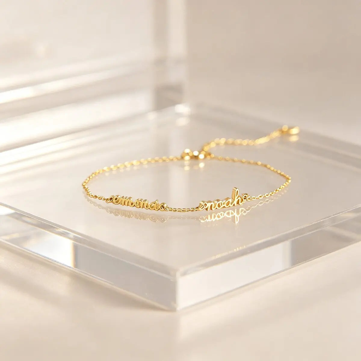 Personalized gold family nameplate ankle bracelet with adjustable extension chain and lobster clasp