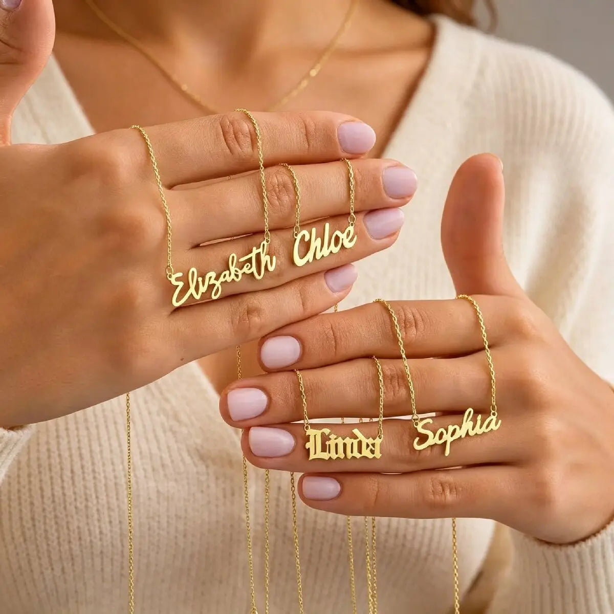Custom gold Old English name necklace featuring Gothic font letter name Linda in polished gold finish