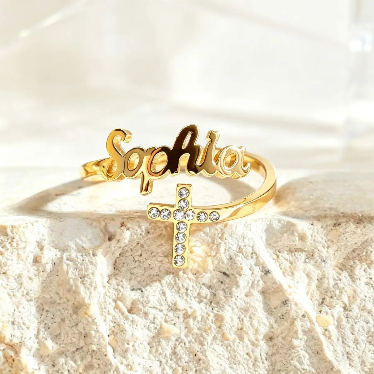 Personalized gold wrap adjustable nameplate ring with sparkling crystal cross accent