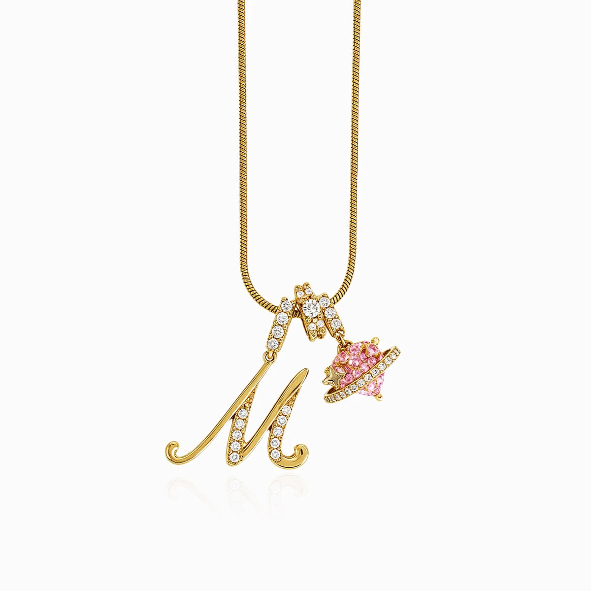 Dreamy Y2K style personalized cursive letter D necklace with pink heart saturn charm as a sweet gift for women